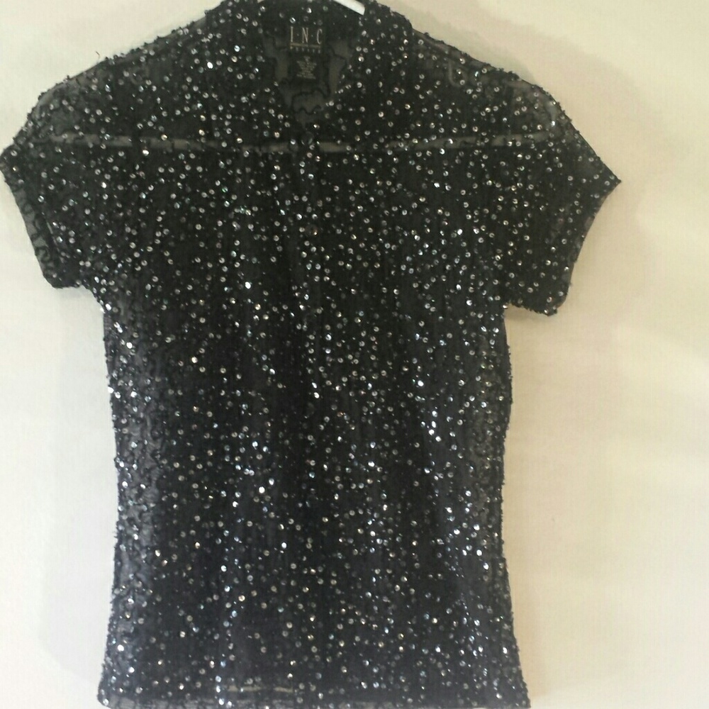 I.N.C. SHEER BLACK SEQUINED BLOUSE